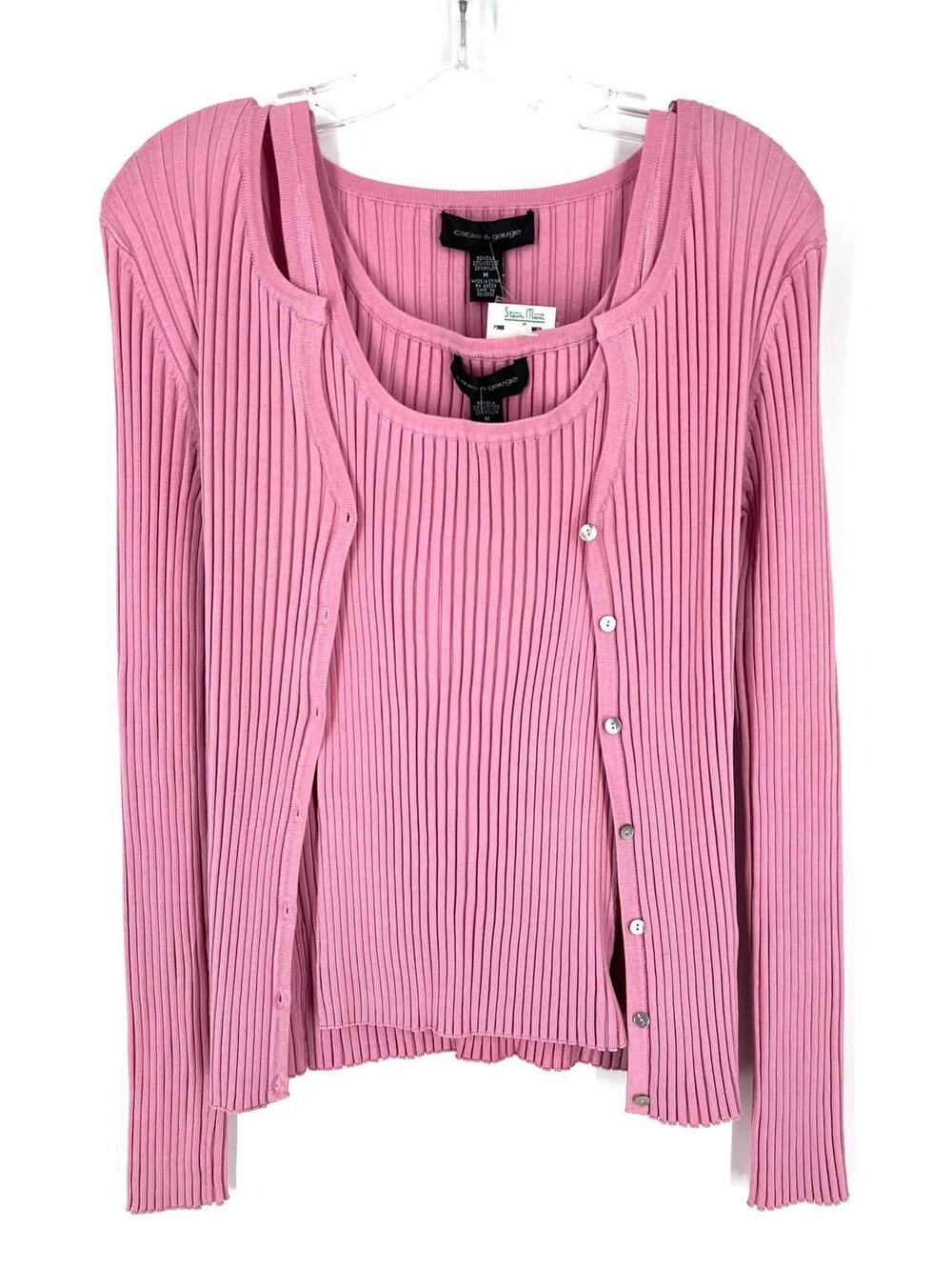 Cable & Gauge Size M Pink Ribbed Silk Blend Designer Cardigan Set
